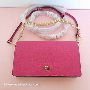 COACH Anna Pebbled Leather Fold-over Clutch Crossbody With Chain- Bold Pink ⭐